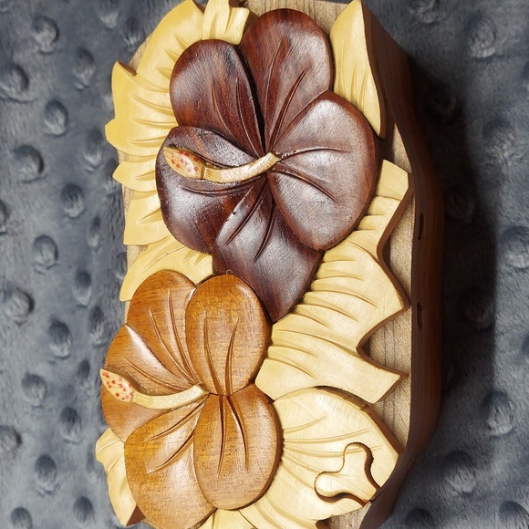 Other - Hand Carved Wood Puzzle Jewelry Box Hibiscus Flowers Red Velvet Inside vintage